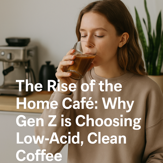 Young Gen Z woman enjoying a glass of iced low-acid coffee in a cozy home café setting with natural light and clean, modern vibes.