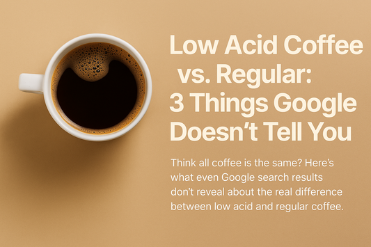 Low Acid Coffee vs Regular Coffee infographic – comparison of stomach friendliness, acidity, and brewing process, created by Pangea Coffee.