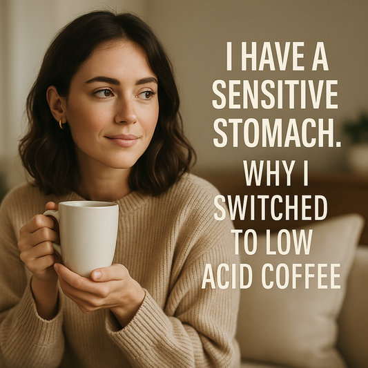 Person enjoying a cup of low acid Pangea Unity Blend coffee, gentle on sensitive stomachs