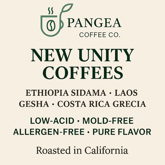 Three steaming mugs representing Unity coffees from Ethiopia, Laos, and Costa Rica, symbolizing clean, low-acid, allergen-free coffee crafted by Pangea Coffee.