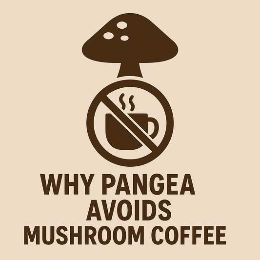 Circular graphic with coffee cup icon and “Why Pangea Avoids Mushroom Coffee” text — promoting Pangea’s 100% clean, allergen-free coffee philosophy.