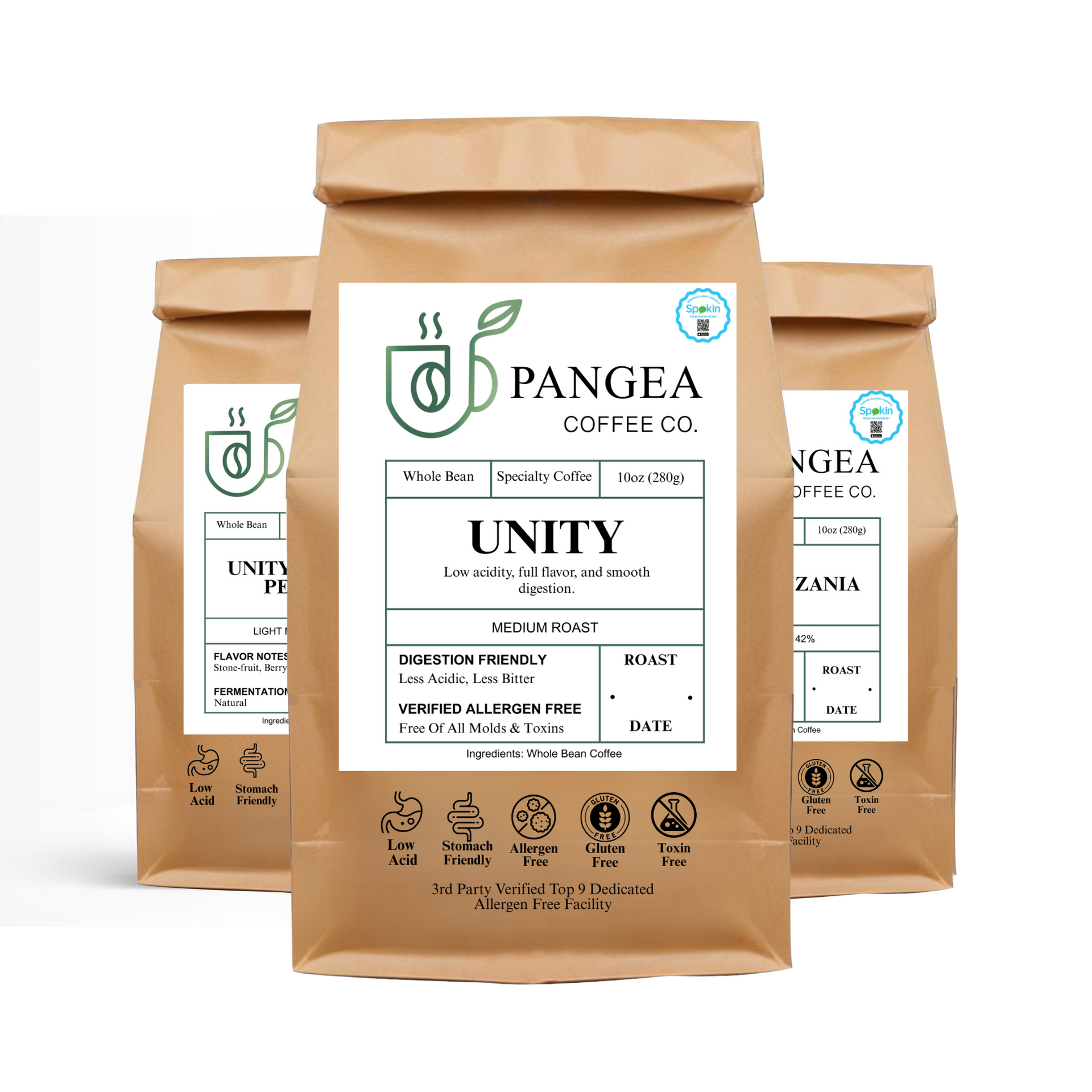 Newest Pangea Coffee Unity bags – low acid, mold-free, allergen-free whole bean Arabica roasts