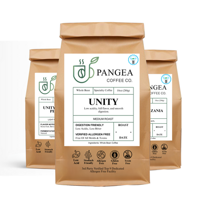 Newest Pangea Coffee Unity bags – low acid, mold-free, allergen-free whole bean Arabica roasts