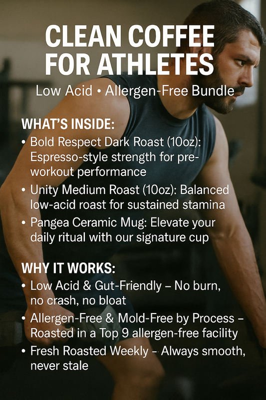 Infographic highlighting Clean Coffee for Athletes with athlete silhouette in background – Promoting low acid, allergen-free, mold-free by process coffee for performance and recovery