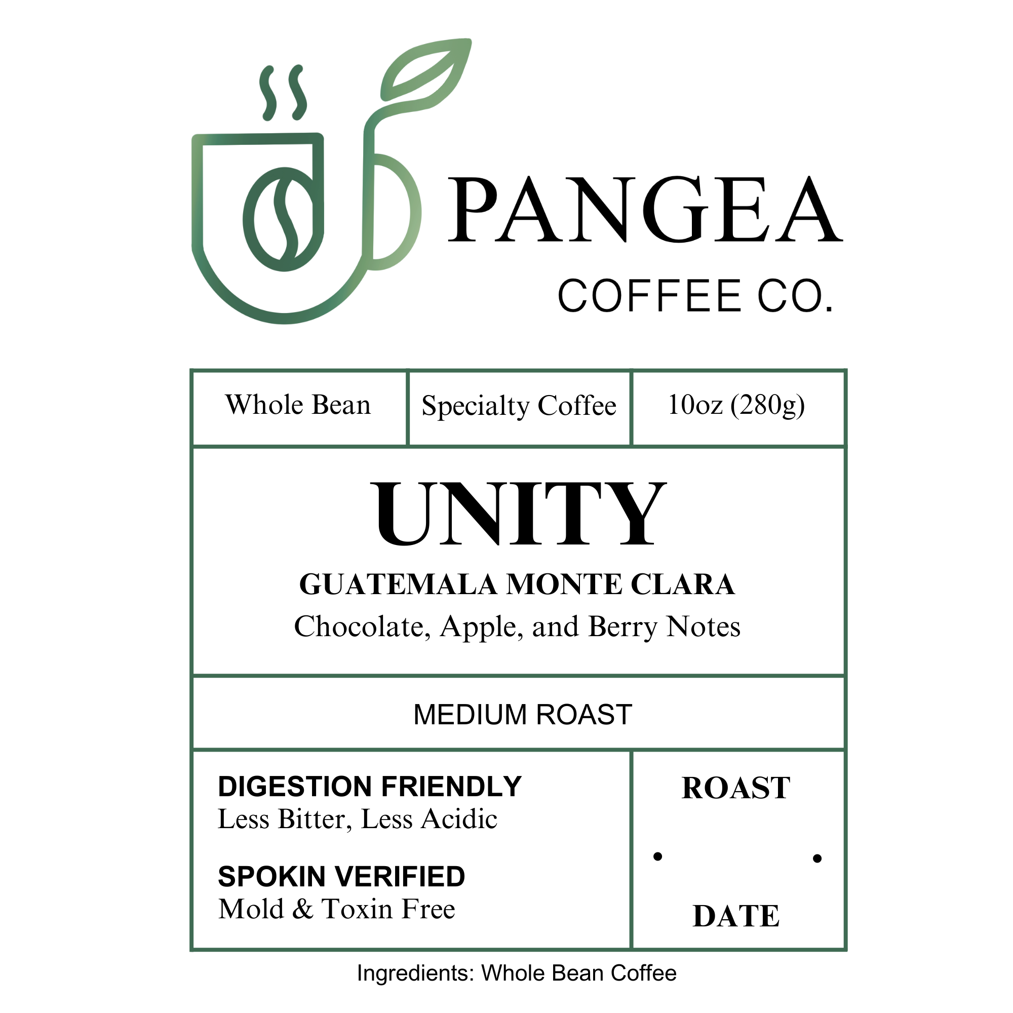 Unity Guatemala Monte Clara label – medium roast whole bean specialty coffee, 10oz, chocolate, apple, and berry notes, digestion friendly and SPOKIN verified.