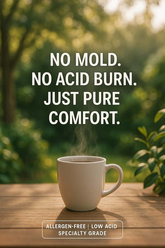 Infographic showing benefits of Pangea Coffee: Low Acid, No Burn, Just Pure Comfort – Allergen-Free and Stomach-Friendly Coffee