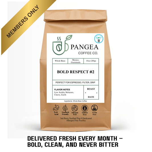 Bold Respect Membership Graphic – Subscribe and Save on Low Acid, Allergen-Free Dark Roast Coffee with Premium Perks