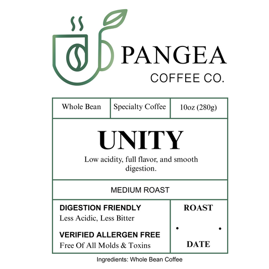 Close-up of Pangea Coffee Unity Medium Roast bag label – Roaster’s Choice whole bean coffee with smooth, low-acid profile.