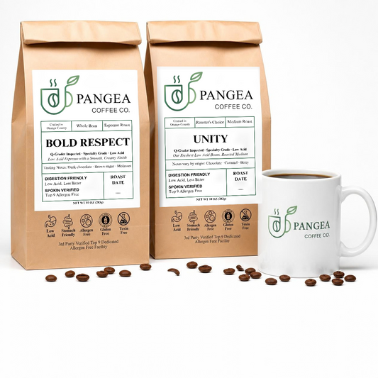 Pangea Athlete Bundle — Bold Respect dark roast and Unity medium roast 10oz bags with a ceramic mug, low acid mold-free coffee for pre and post workout