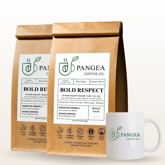Bold Respect 2-Pack + Mug: two bags of low acid espresso beans with a Pangea mug