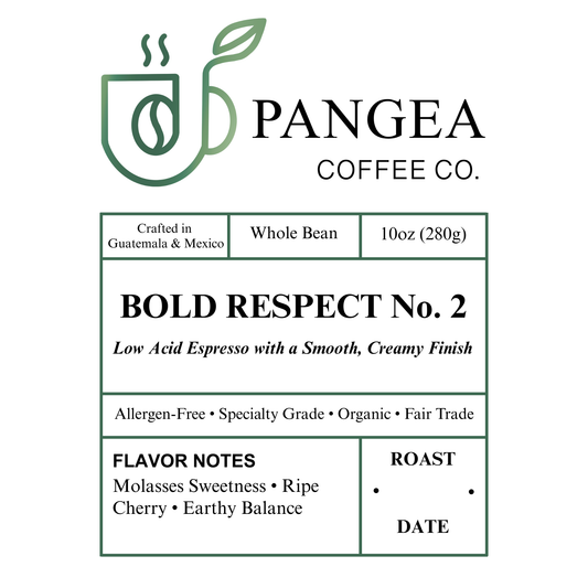 Close-up of Pangea Coffee’s Bold Respect Dark Roast Espresso label – highlighting creamy espresso, low-acid profile, and specialty-grade whole bean details.