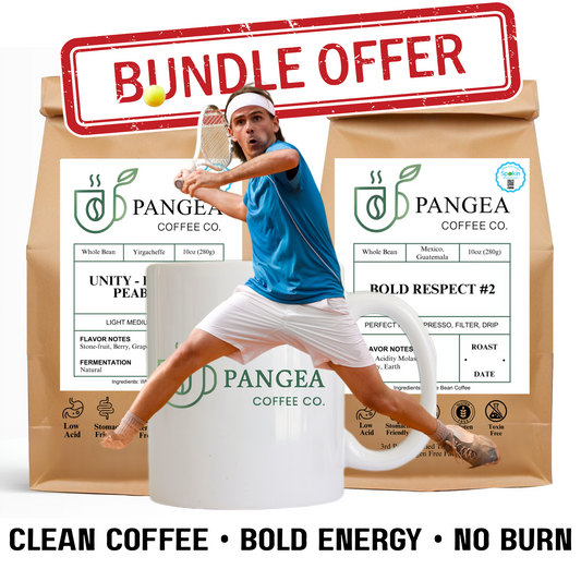 Pangea Clean Coffee for Athletes Bundle – Two coffee bags and a ceramic mug designed for performance and gut-friendly energy.