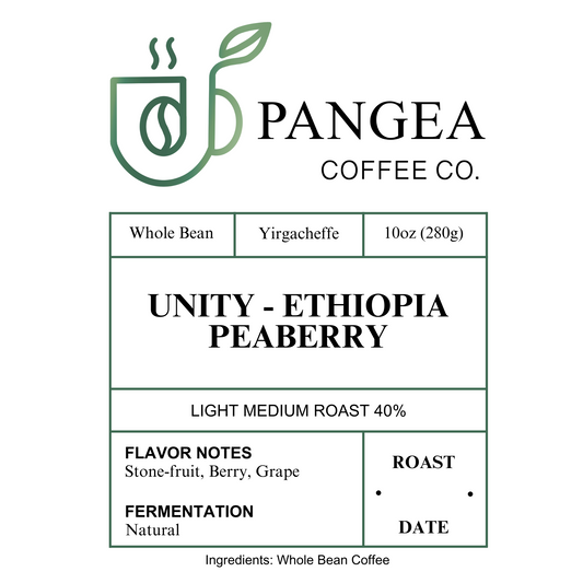 Ethiopia Peaberry coffee bag front label – organic, low acid, allergen-free, and fruit-forward.