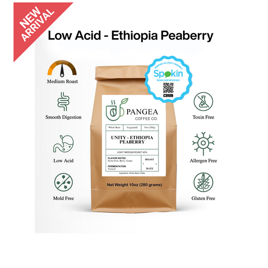 Ethiopia Peaberry coffee bag – organic, low acid, allergen-free, and fruit-forward.