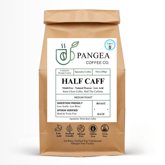 Pangea Half Caff coffee bag — 10oz low acid, mold-free medium roast whole bean with half the caffeine