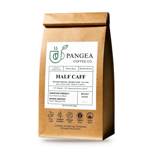 Pangea Half Caff low acid mold-free medium roast coffee, 10oz whole bean bag on white