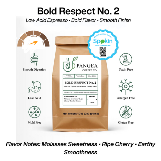 Pangea Coffee Bold Respect No. 2 dark roast espresso, low-acid and allergen-free with creamy crema and smooth finish.