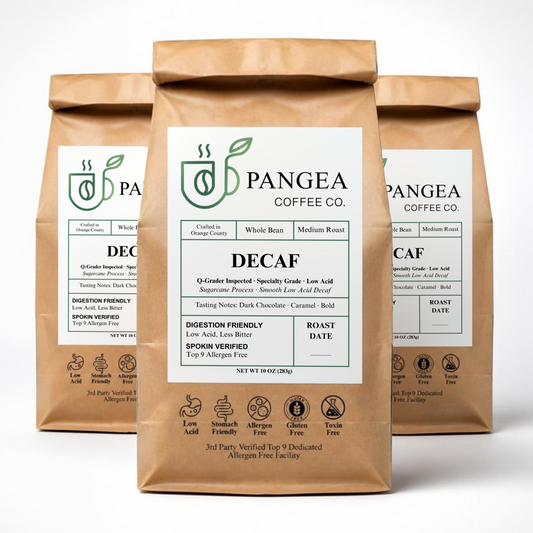 Pangea Decaf 3-Pack — three 10oz bags of Sugarcane EA process decaf coffee, low acid, mold-free and allergen-free, dark chocolate and caramel notes, ships free