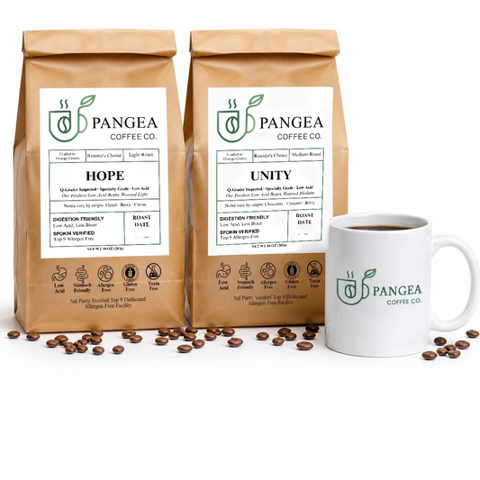 Pangea Rise & Grind Morning Bundle — Hope light roast and Unity medium roast 10oz bags with a Pangea ceramic mug, low acid, mold-free coffee for sensitive stomachs