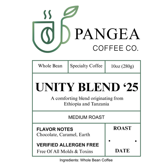 Unity Blend 25 coffee label – medium roast whole bean coffee by Pangea, low acid and mold-free