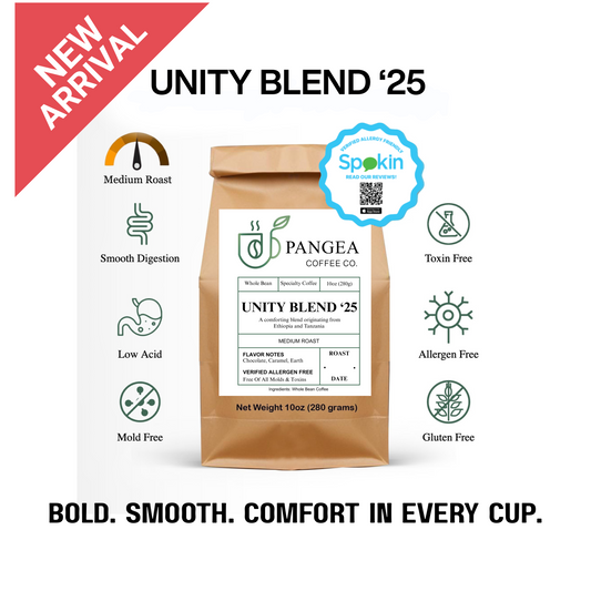 Unity Blend ‘25 medium roast coffee – low acid, mold-free, whole bean blend from Ethiopia and Tanzania