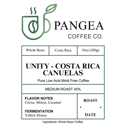 Pangea Coffee Unity Costa Rica Canuelas label showing whole bean, low acid, mold free medium roast coffee with citrus, melon, and caramel notes.
