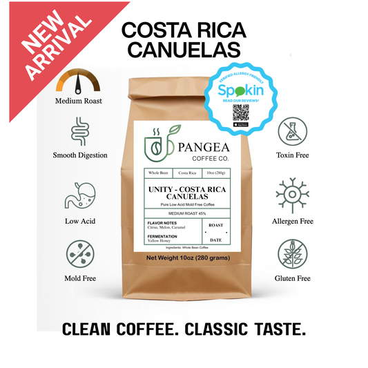 Pangea Coffee bag labeled Unity Costa Rica Canuelas – allergen-free medium roast with yellow honey fermentation and flavor notes of citrus, melon, and caramel.