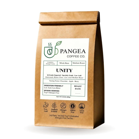Pangea Unity Guatemala Monte Clara low acid medium roast coffee, 10oz bag with the new Pangea label