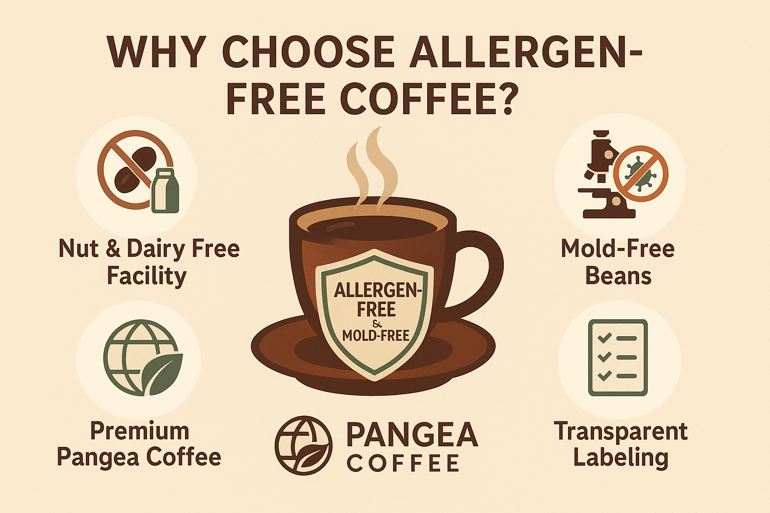 Why choose allergen-free coffee infographic - Pangea Coffee benefits including nut-free dairy-free facility, mold-free beans, Q-grader tested, and transparent labeling for sensitive stomach and gut health