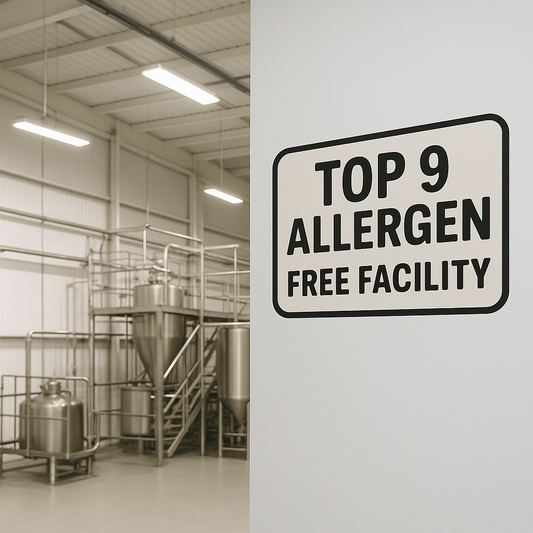 Cross-contamination in coffee production showing allergen-free facility importance with SPOKIN verified badge and Top 9 allergen-free certification for family safety