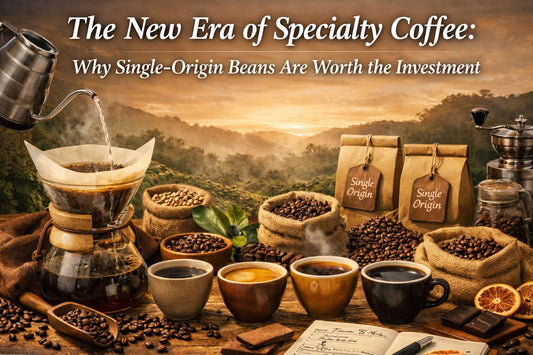 Four specialty single-origin coffee cups arranged in tasting flight showcasing Vietnam White Lotus, Costa Rica honey process, Guatemala light roast, and Brazil medium roast allergen-free artisan coffee
