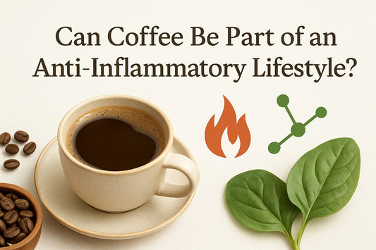 Steaming cup of clean low-acid coffee with anti-inflammatory research notes
