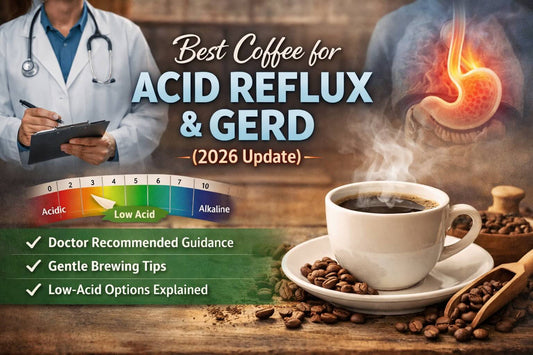 Best coffee for acid reflux and GERD 2026 update - doctor-backed guide showing low acid coffee comparison with pH levels, brewing methods, and SPOKIN-verified allergen-free certification badge