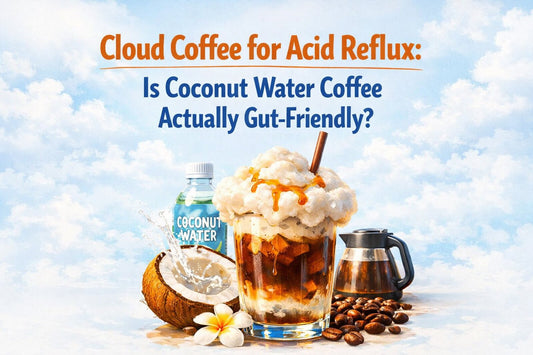 Cloud coffee made with coconut water and low-acid coffee in tall glass with ice and milk foam layer