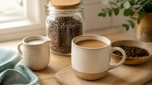 Coffee for people who don't like coffee: a mug of coffee with milk beside a milk pitcher and a jar of whole beans on a kitchen counter