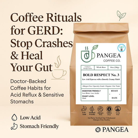 Pangea Coffee Bold Respect low acid espresso for GERD acid reflux and sensitive stomach relief