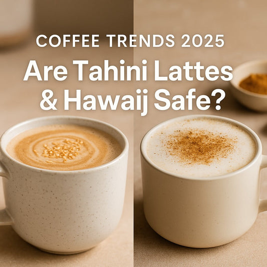 Split comparison showing trending 2025 coffee drinks including tahini latte and hawaij spiced coffee versus clean allergen-free low acid coffee for GERD and food allergy sufferers
