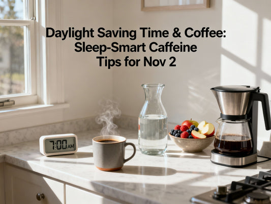 Clean, allergen-free low-acid coffee beside an digital clock on the fall-back day