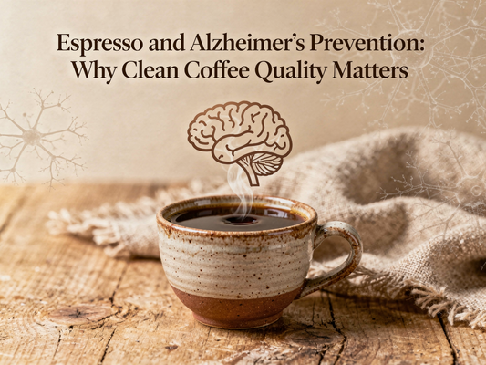 Illustration showing espresso cup with brain health imagery and tau protein inhibition, representing Alzheimer's prevention benefits of clean specialty coffee