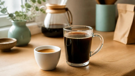 Espresso vs drip coffee: an espresso shot beside a mug of drip coffee on a kitchen counter