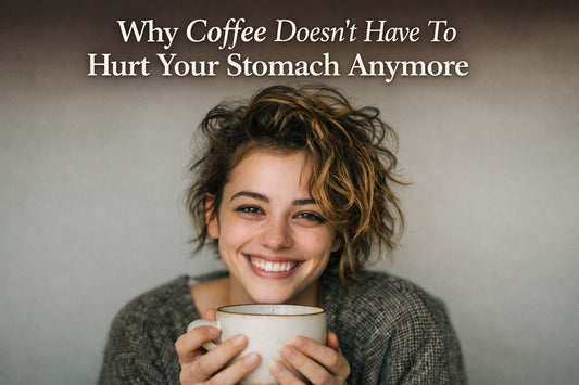 A calm morning coffee ritual showing a smooth cup of low-acid, stomach-friendly coffee in warm natural light, perfect for people with sensitive stomachs