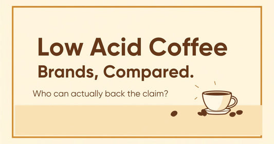 Low acid coffee brands compared — title banner with coffee cup and beans illustration