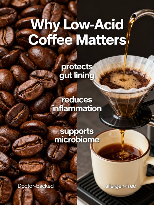 Low-acid coffee and gut health illustration showing doctor endorsement with SPOKIN verified badge for GERD and acid reflux relief