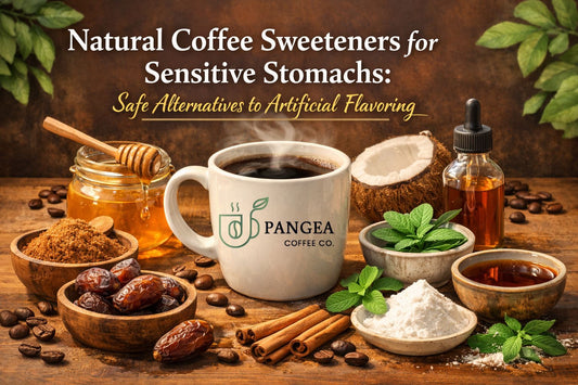 Natural coffee sweeteners including stevia, monk fruit, and allulose displayed with low-acid allergen-free coffee for sensitive stomachs