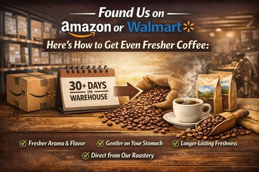 Fresh-roasted low acid coffee beans being packaged at Pangea Coffee roastery for direct shipment, showing peak freshness benefits for acid reflux and GERD sufferers