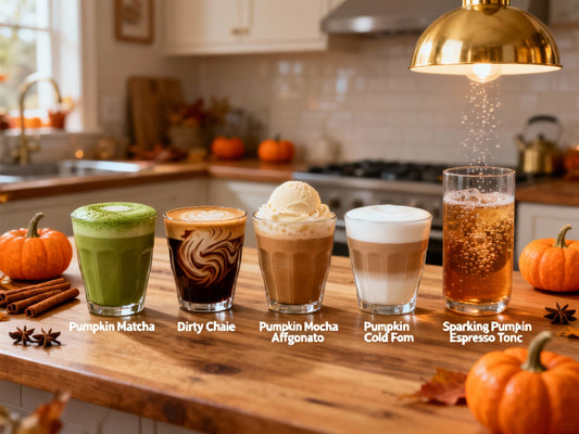 Four seasonal pumpkin coffee drinks made with Pangea Coffee Bold Respect No. 2 low acid espresso — Pumpkin Spice Matcha, Dirty Pumpkin Chai, Pumpkin Mocha Affogato, and Pumpkin Cream Cold Foam — shown with Pangea’s allergen-free, organic coffee bag.