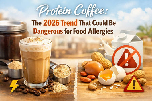 Allergen-free protein coffee with rice protein powder next to low-acid coffee beans, showing safe protein coffee ingredients for people with food allergies