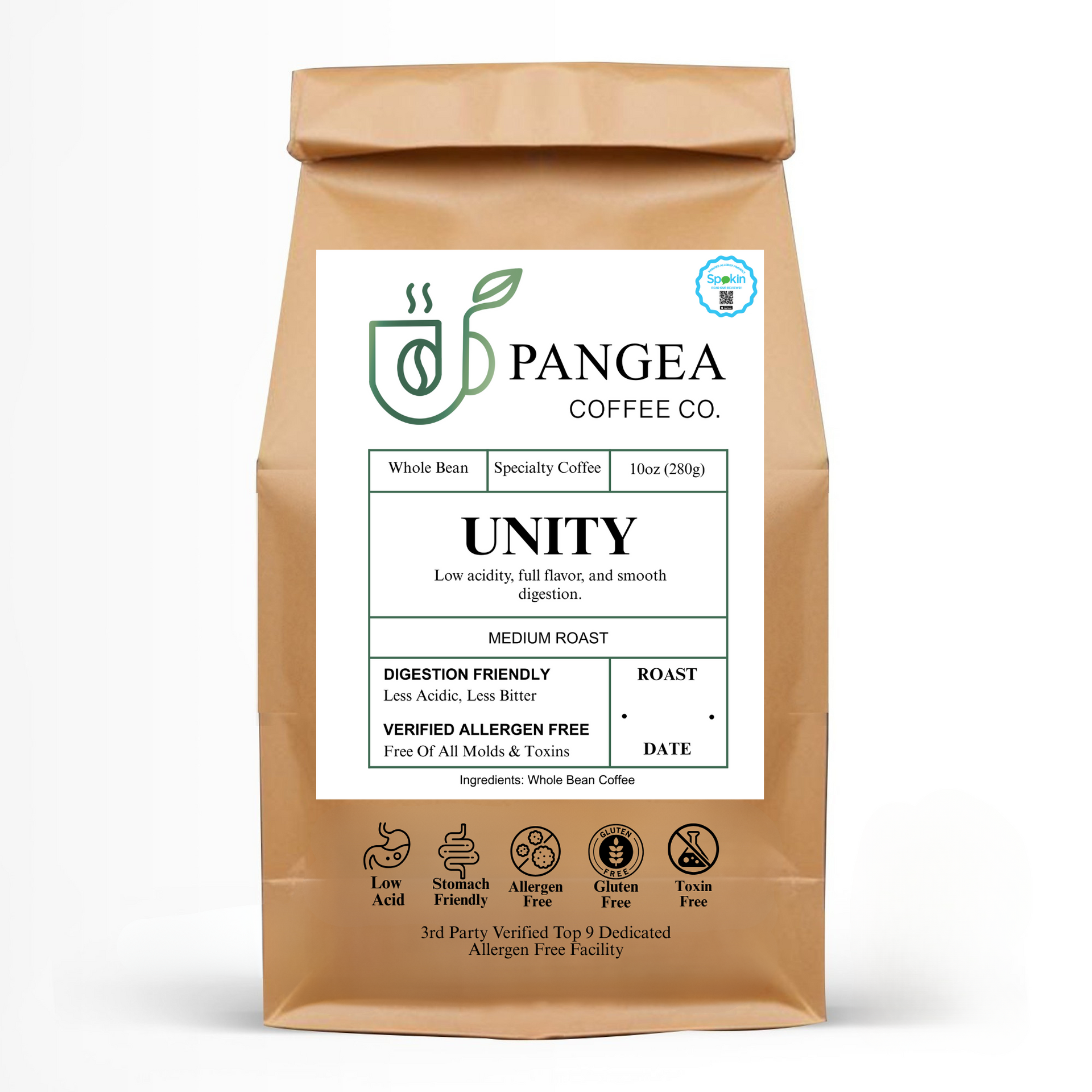 Pangea Medium Roast Coffee – Whole Bean, Low Acid, Allergen-Free, Gut-Friendly Blend