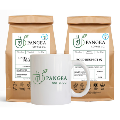 Pangea Coffee and Mug Bundle – low acid clean roast bags with branded ceramic mug