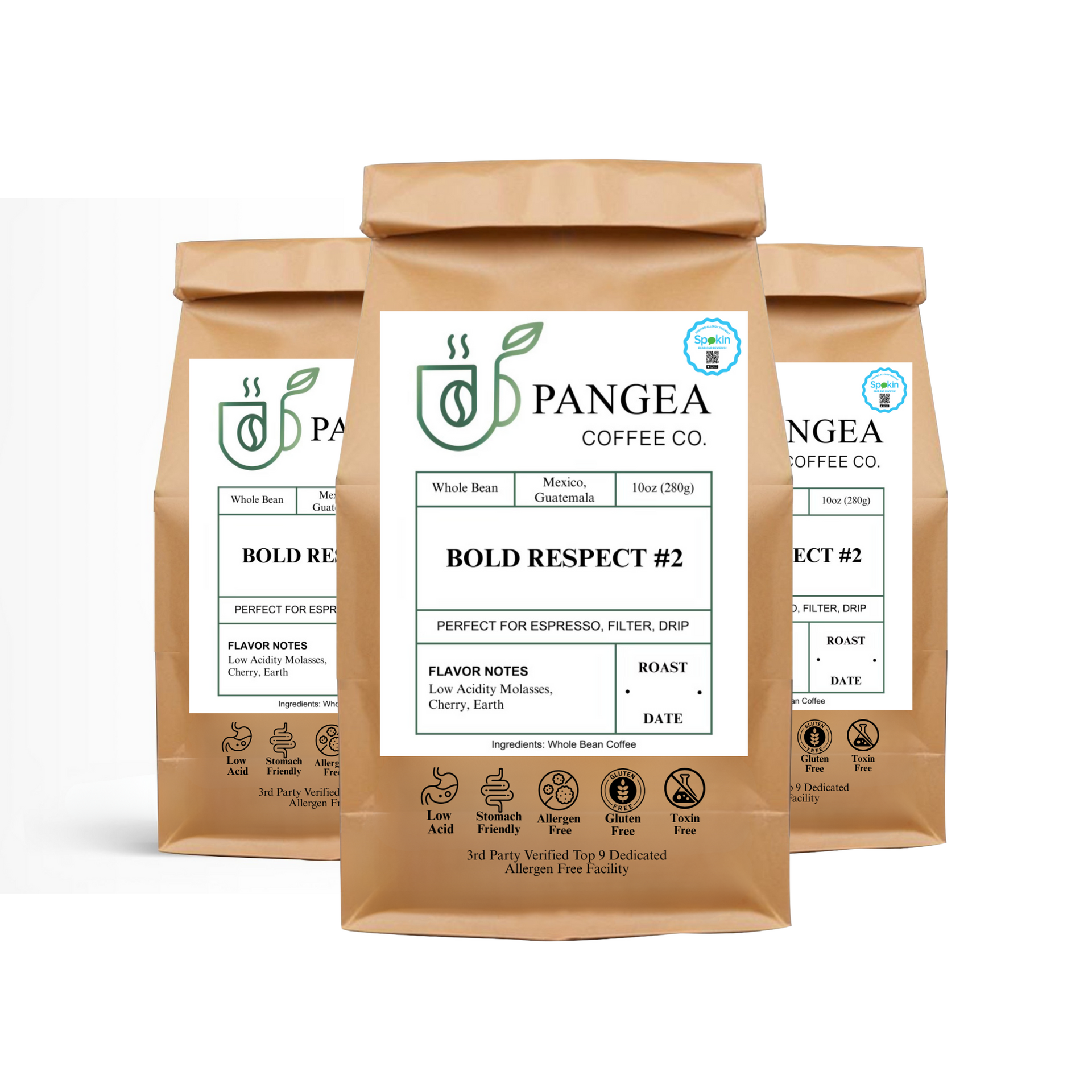 Pangea Coffee Bold Respect 3-Pack – low acid, dark roast, allergen-free espresso bags